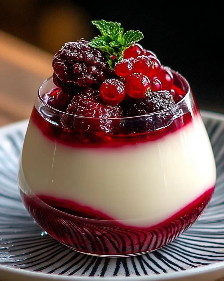 Panna Cotta aux Fruits Rouges garnie de fraises et framboises fraîches