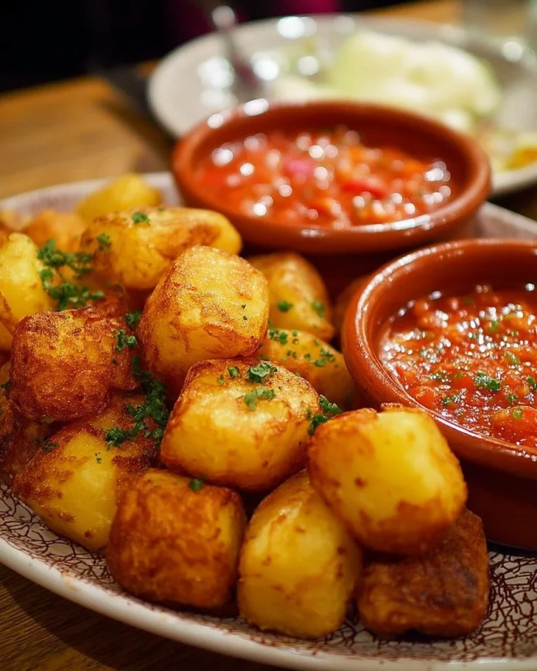 Suprêmes patatas bravas maison servies avec une sauce épicée.