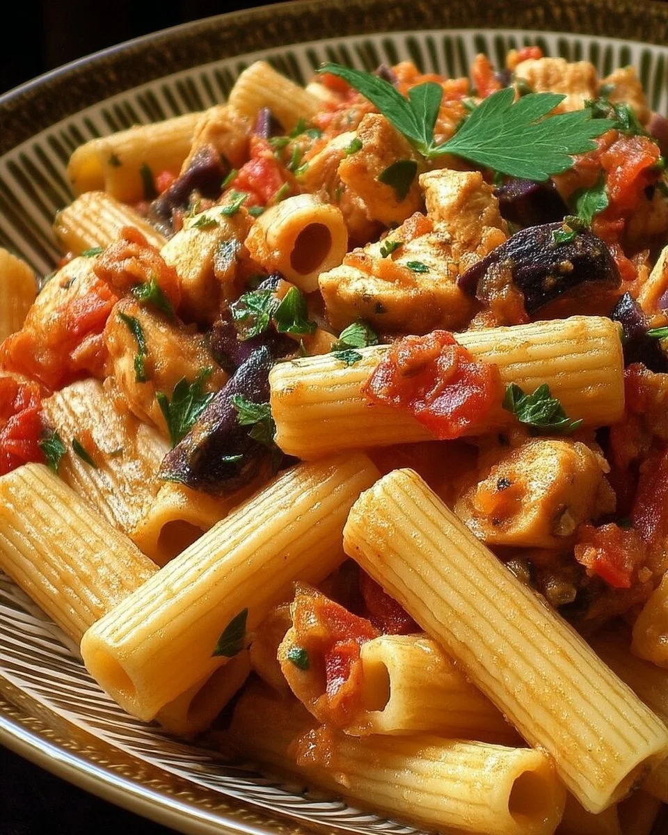 Pâtes alla Puttanesca servies avec olives et câpres