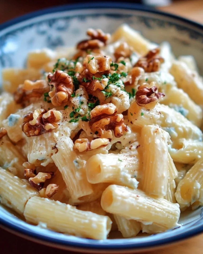 Assiette de pâtes au Gorgonzola et noix, garnie de parmesan et herbes fraîches