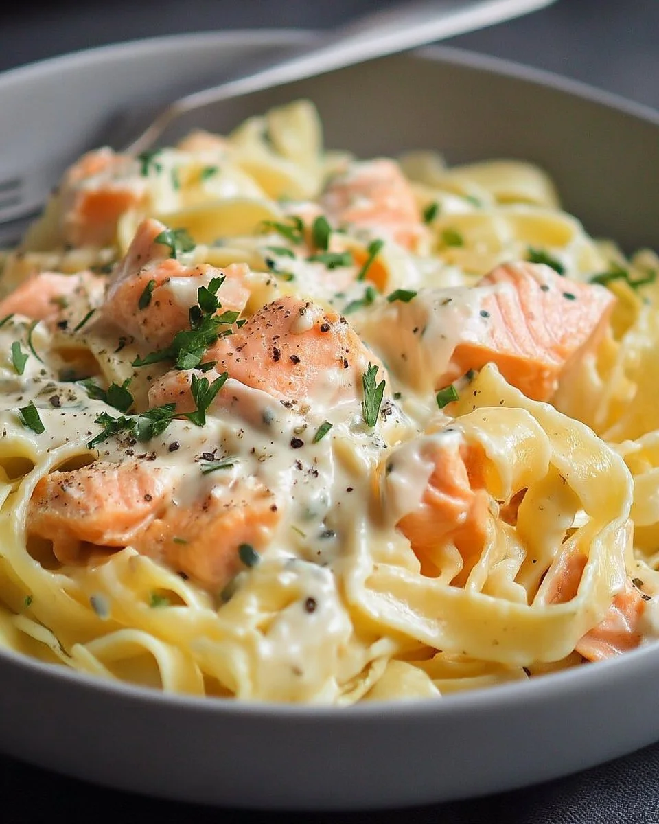 Plat de pâtes au saumon et à la crème, garnies de fraîcheur et de saveurs