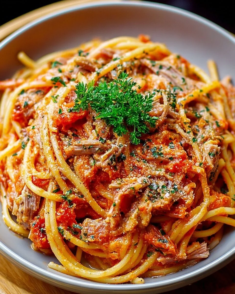Assiette de pâtes au thon fondant avec sauce tomate maison