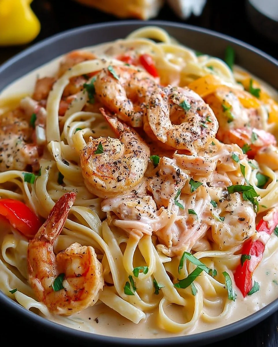 Pâtes aux Crevettes et Crabe avec sauce cajun crémeuse dans une assiette