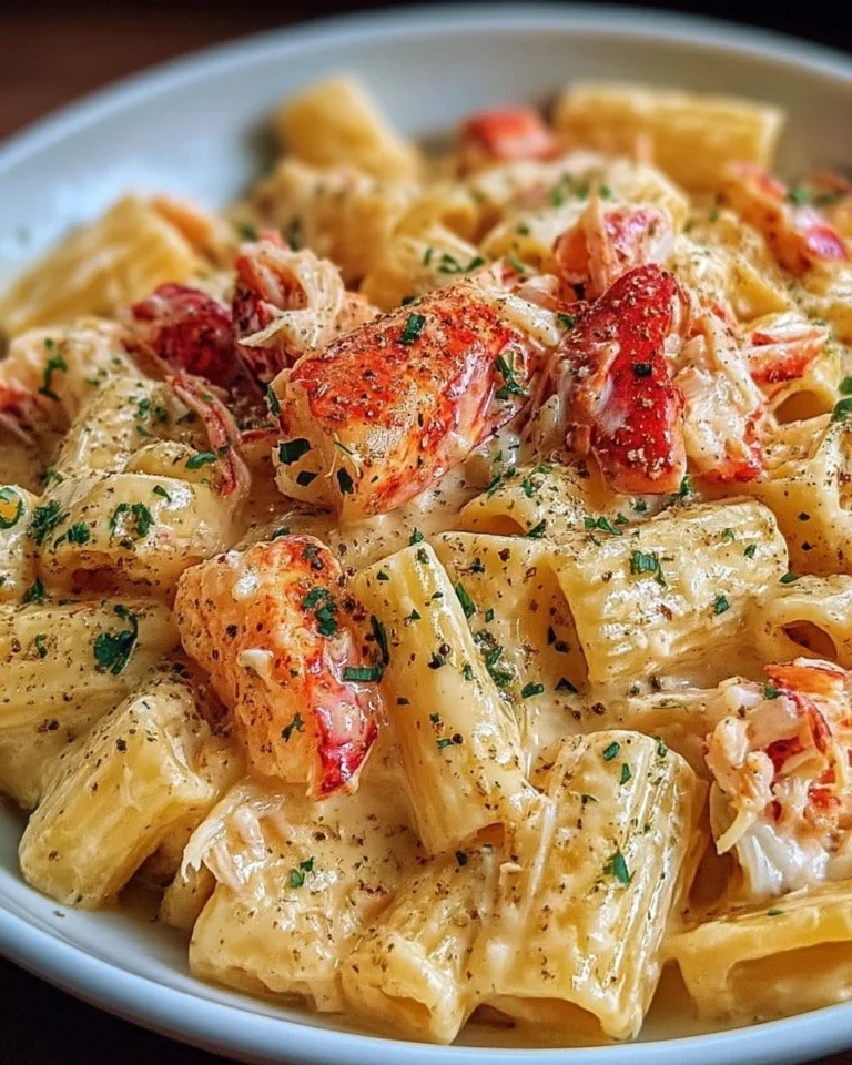 Pâtes aux homards avec sauce crémeuse à l'ail servies dans une assiette