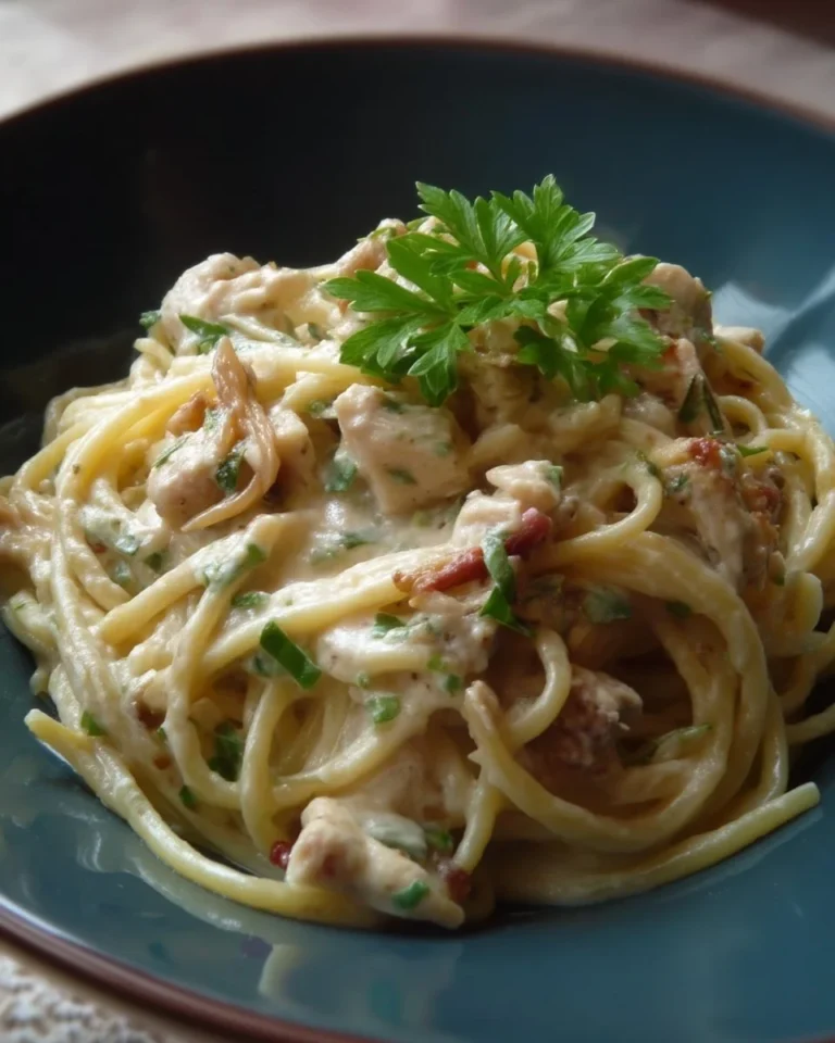Pâtes crémeuses au poulet garnies de parmesan et de persil frais