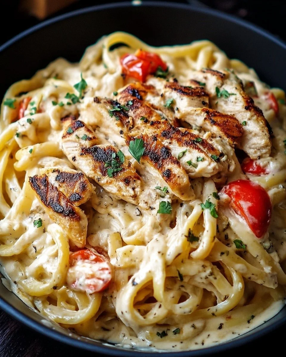 Pâtes crémeuses au poulet cajun garnies de persil frais