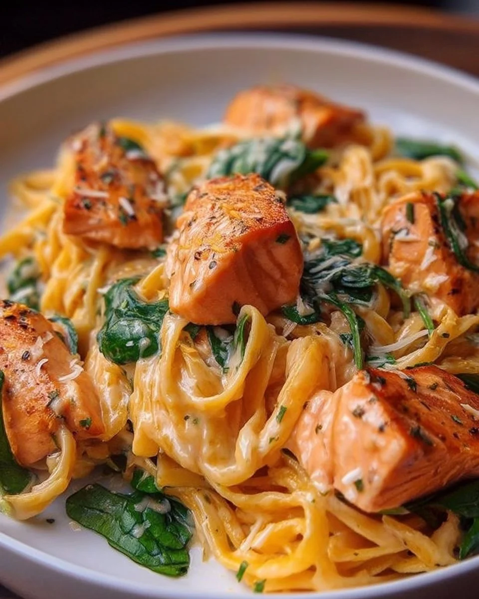 Pâtes crémeuses au saumon et épinards dans une assiette gourmande.