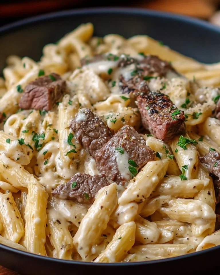 Pâtes crémeuses au steak Alfredo servies dans un bol gourmand