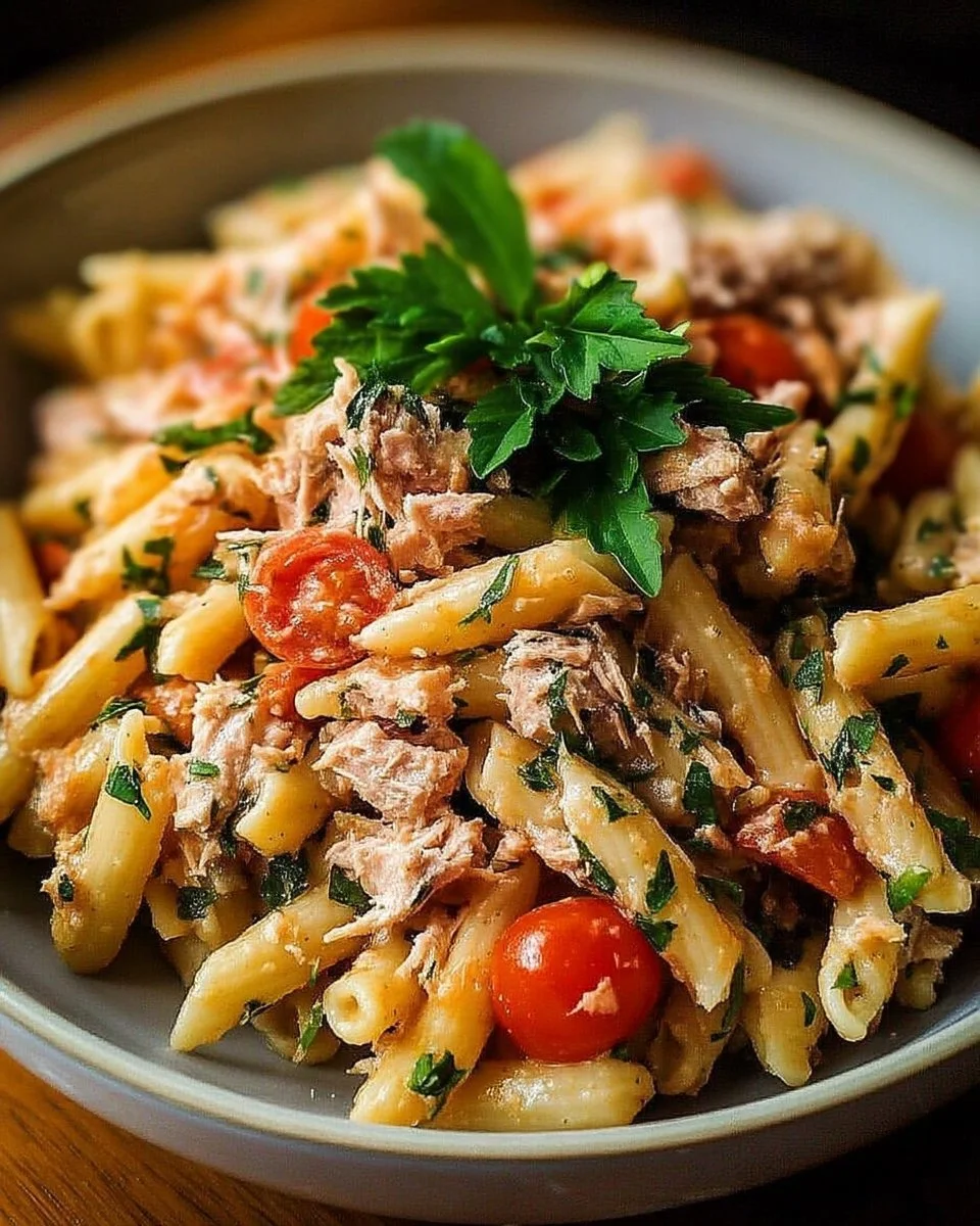 Pâtes crémeuses au thon, tomates et herbes fraîches, plat savoureux et réconfortant