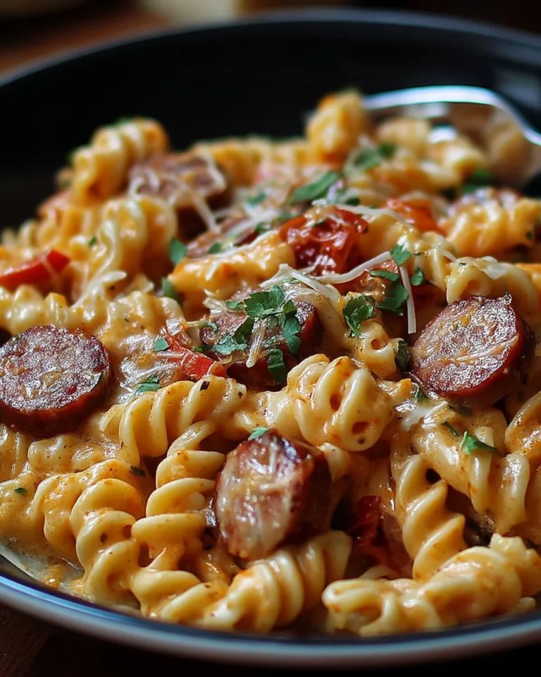 Pâtes crémeuses sautées avec saucisse fumée dans une assiette délicieuse