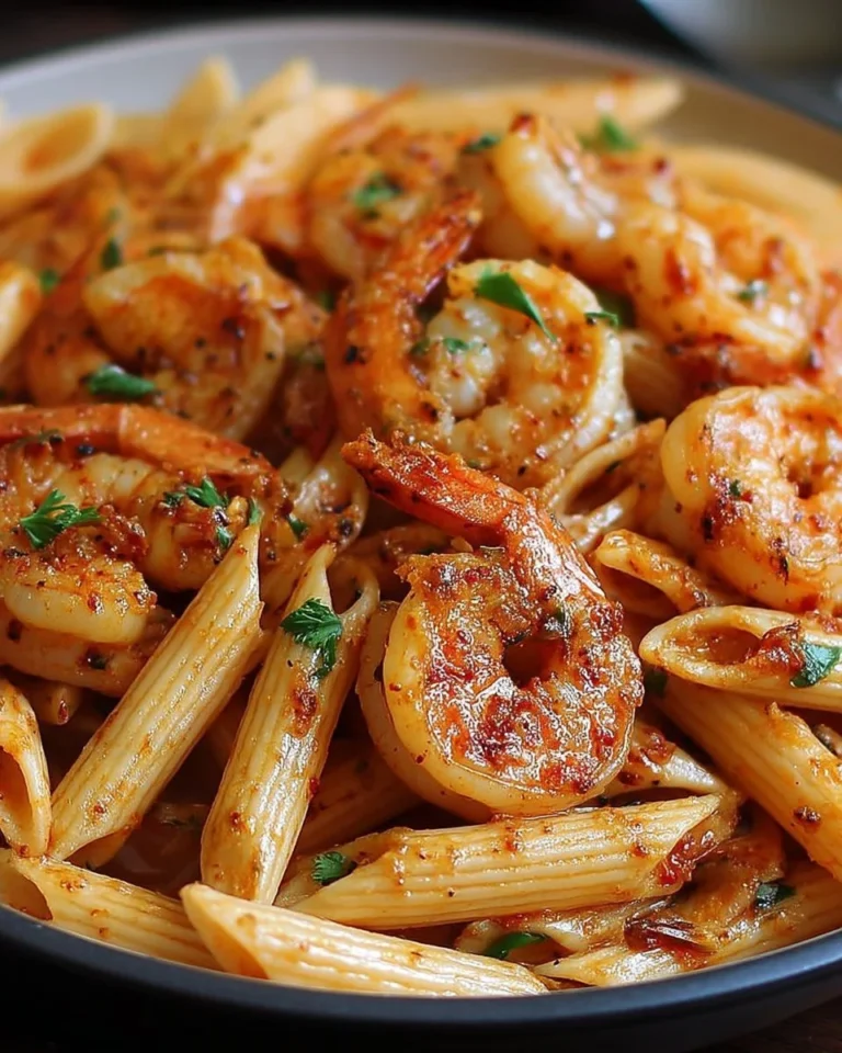Pâtes épicées aux crevettes cajun servies dans une assiette colorée