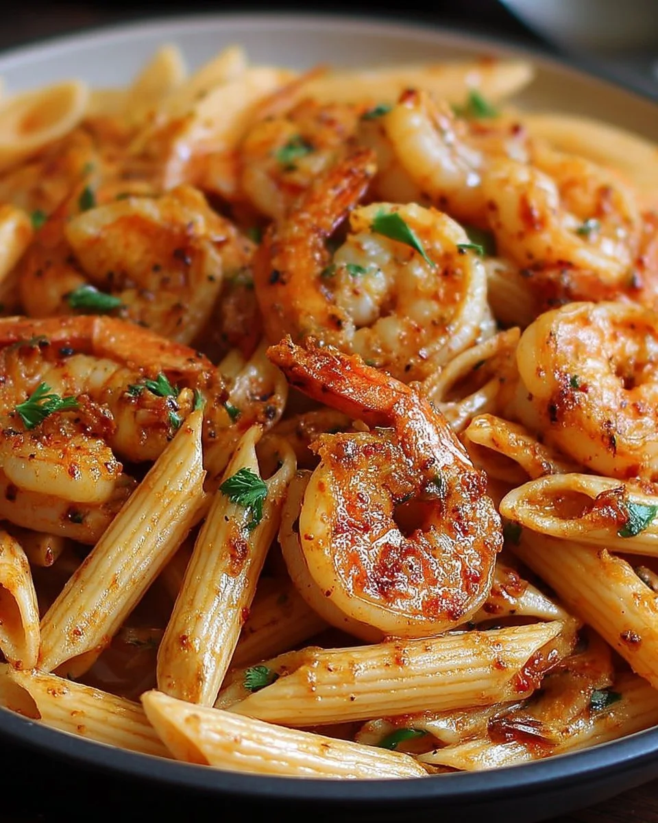 Pâtes épicées aux crevettes cajun servies dans une assiette colorée