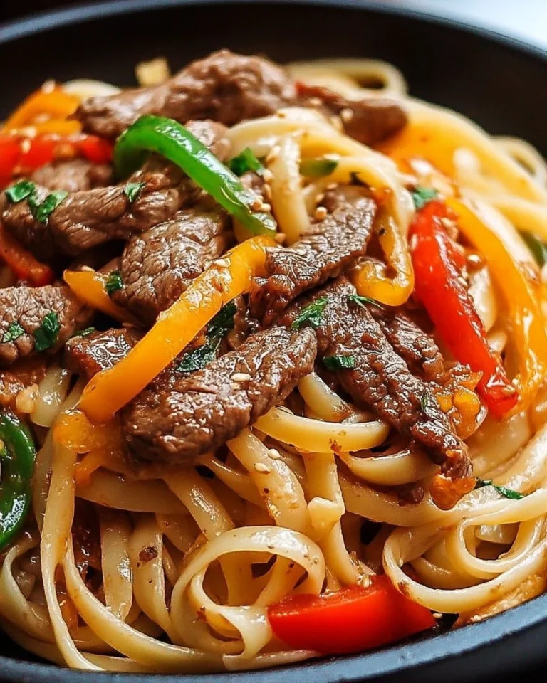 Pâtes Grésillantes au Steak au Poivron dans une assiette colorée