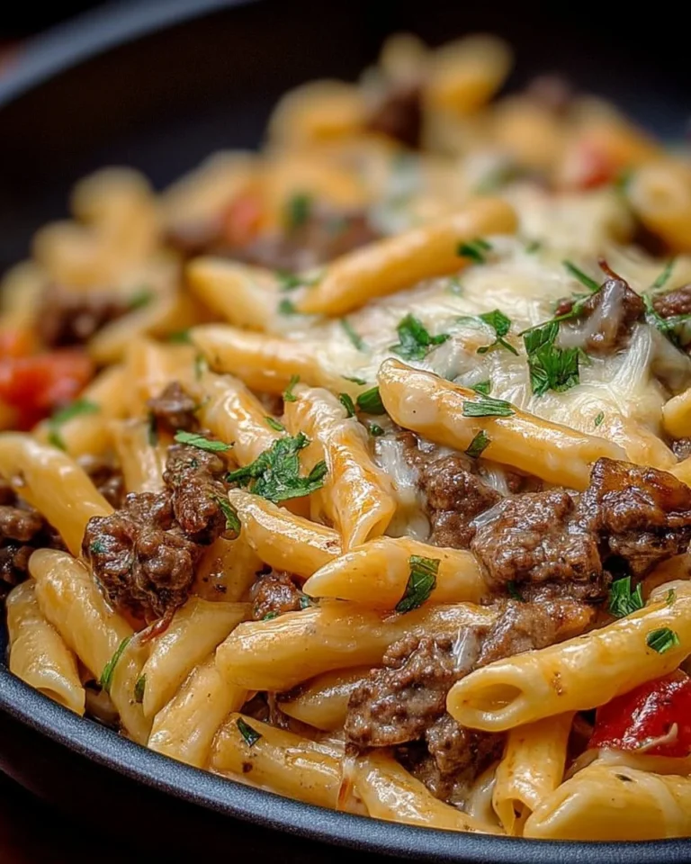 Pâtes Philly Cheesesteak avec viande, fromage et oignons sautés