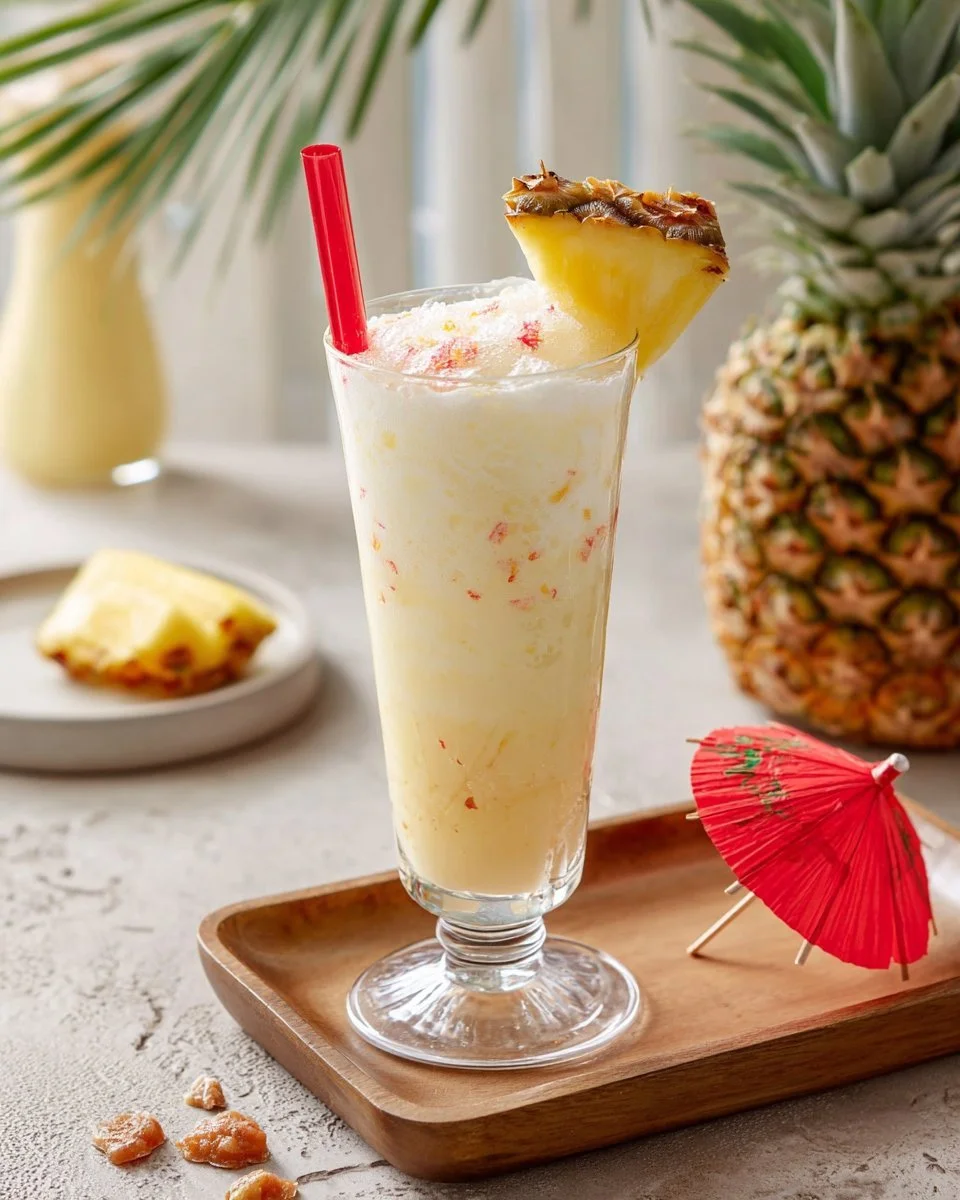 Cocktail Piña Colada Vierge, rafraîchissant et sans alcool, servi dans un verre décoré.