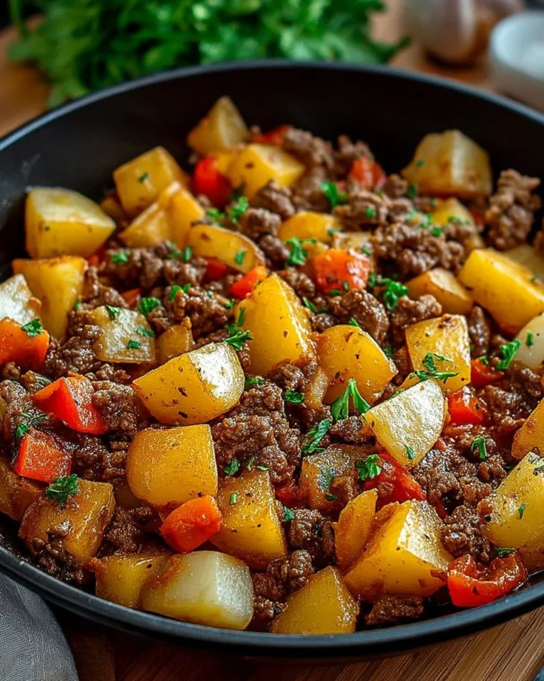 Poêlée de bœuf haché avec pommes de terre dorées et légumes colorés