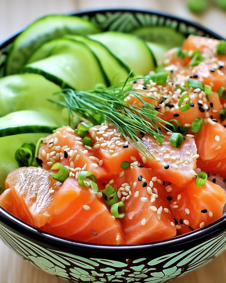 Poke bowl au saumon frais avec concombre et garnitures colorées