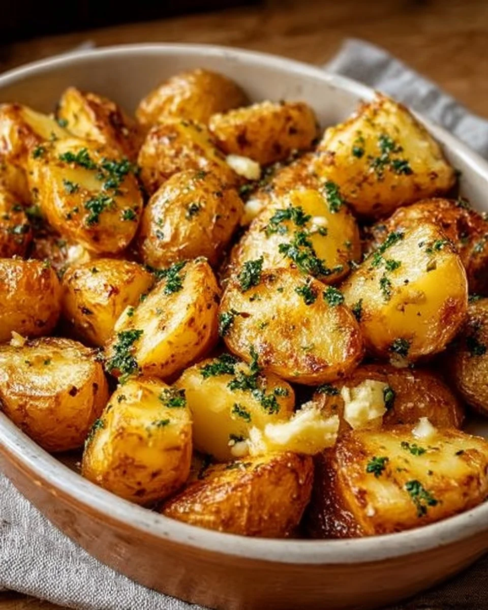 Pommes de terre au beurre fondu avec ail et persil sur une assiette