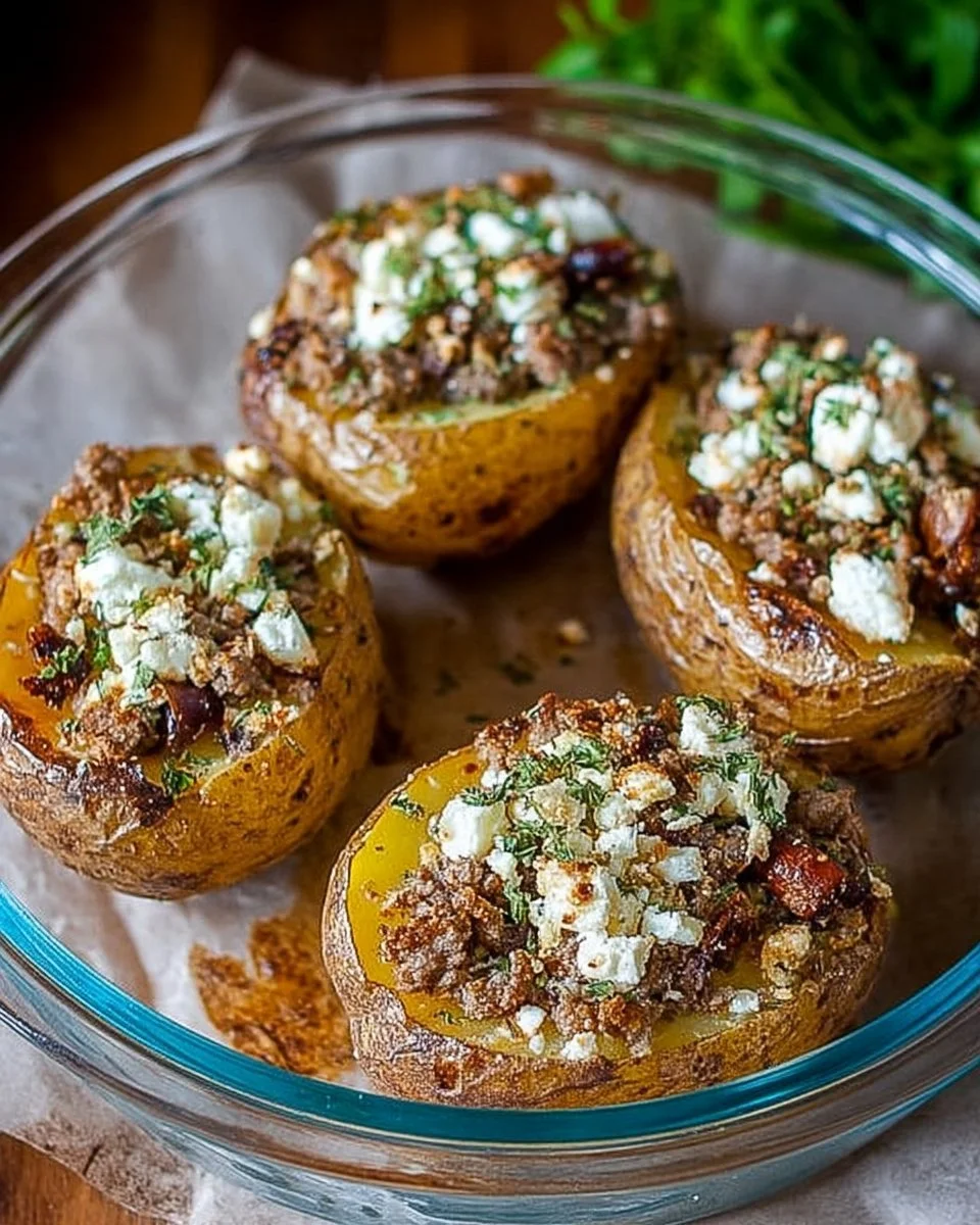 Pommes de terre farcies à l'agneau et à la feta, un plat savoureux et réconfortant.