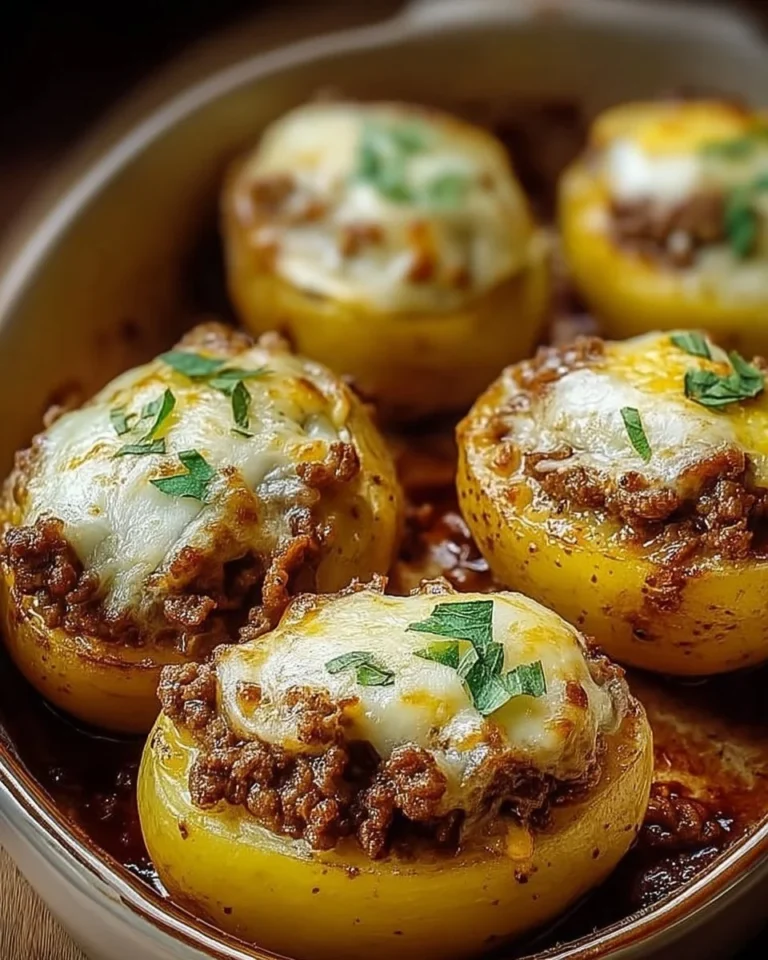 Pommes de terre farcies au bœuf et mozzarella servies dans un plat.