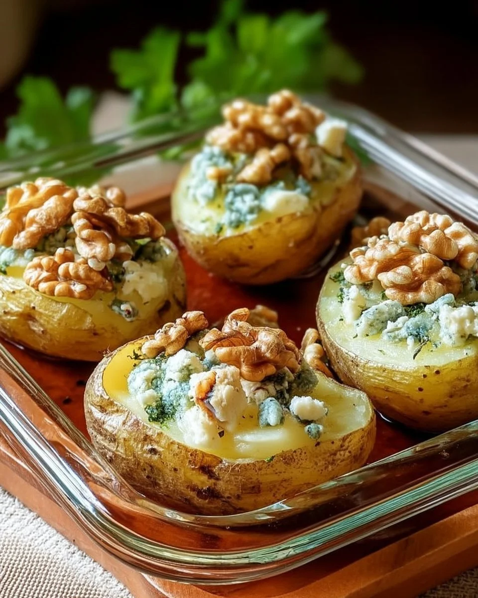 Pommes de terre farcies au fromage bleu et aux noix, plat savoureux et réconfortant.