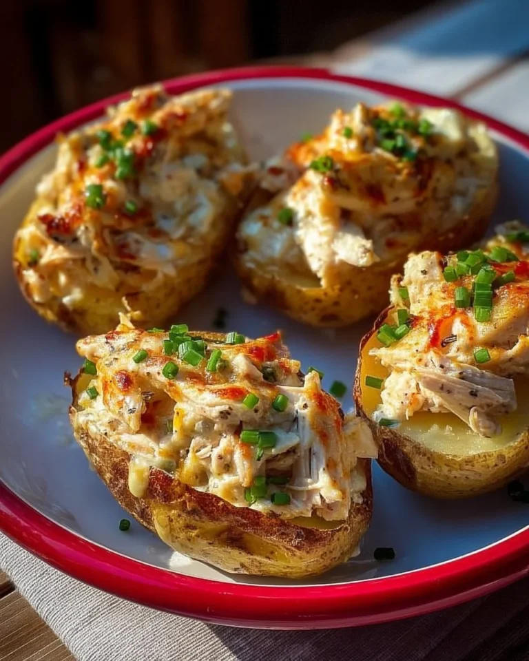 Pommes de terre farcies au poulet crémeux garnies de fromage et d'herbes