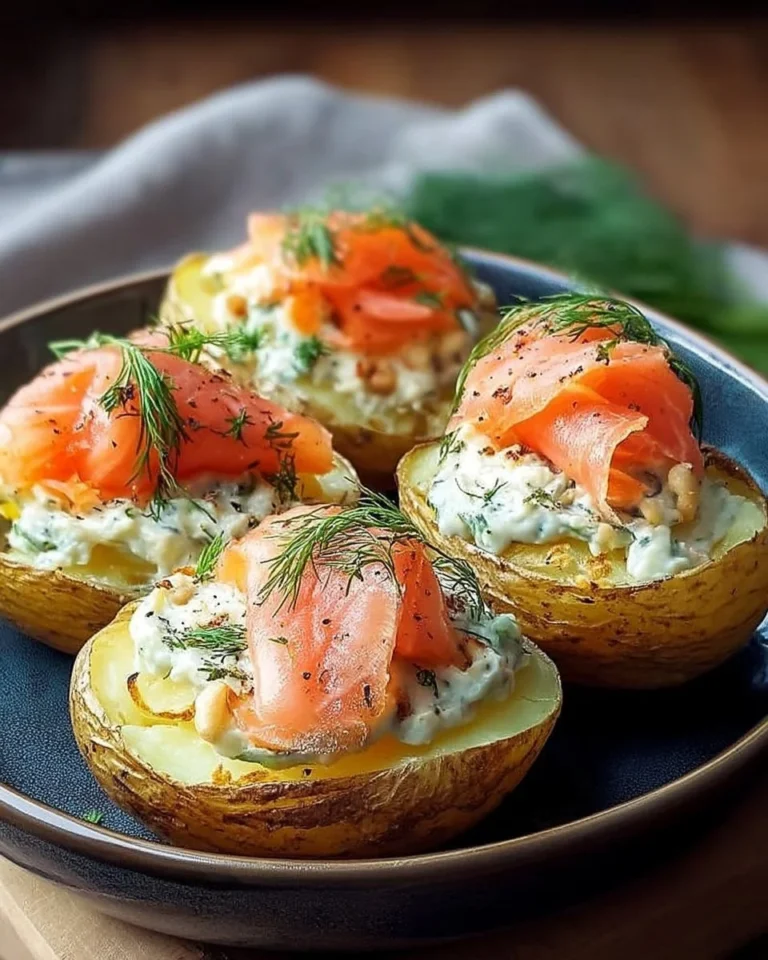 Pommes de terre farcies au saumon fumé et à l'aneth, plat appétissant et savoureux.