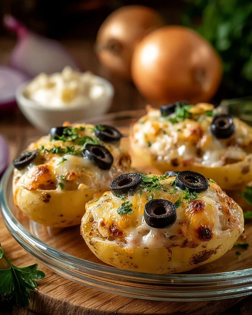 Pommes de terre farcies au thon et olives servies dans un plat