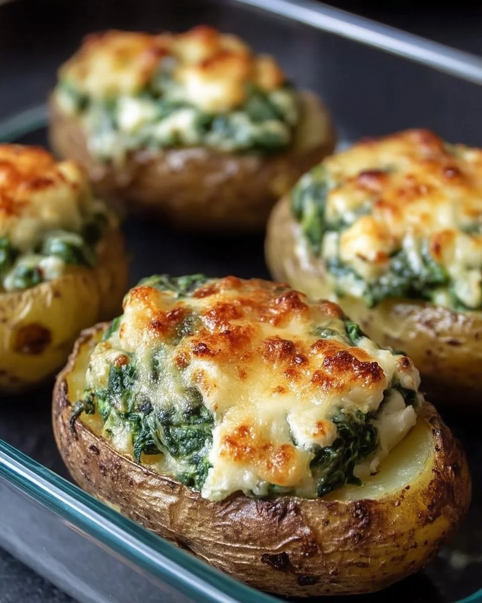 Pommes de terre farcies aux épinards et à la ricotta, gratinées au four.