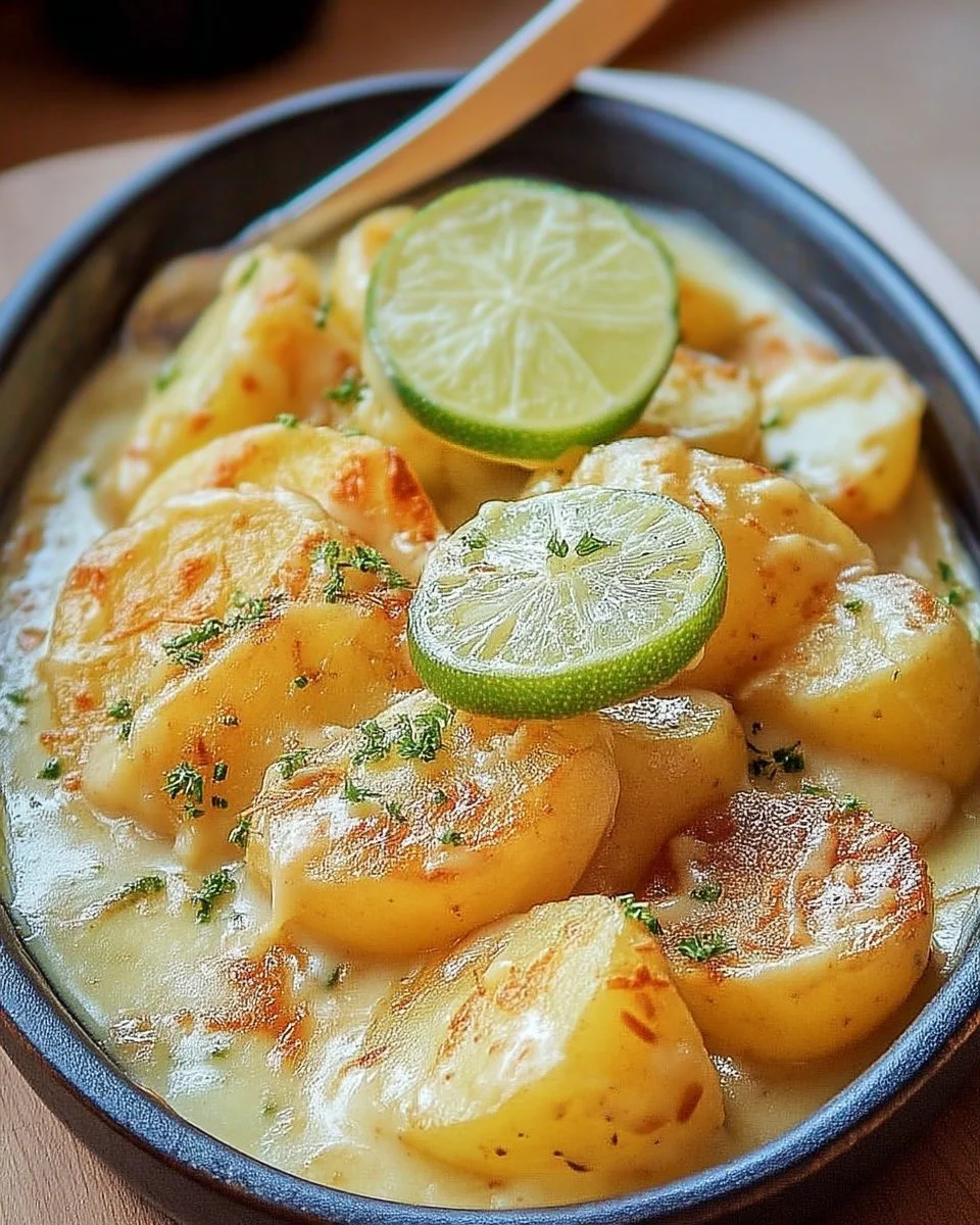 Pommes de terre fondantes au lait de coco et au citron vert dans un plat savoureux