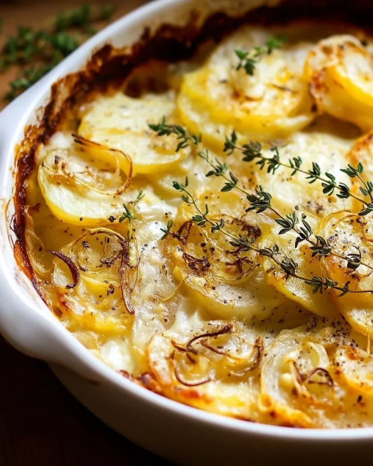 Pommes de terre gratinées à la crème avec oignons et thym dans un plat.