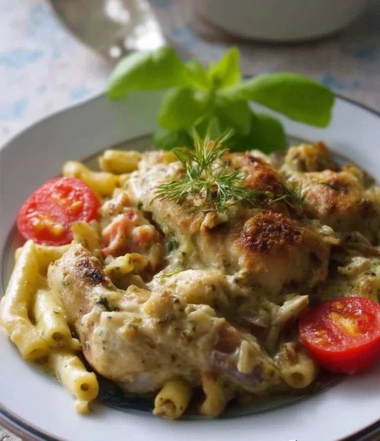 Poulet pesto crémeux cuit au four dans un plat appétissant