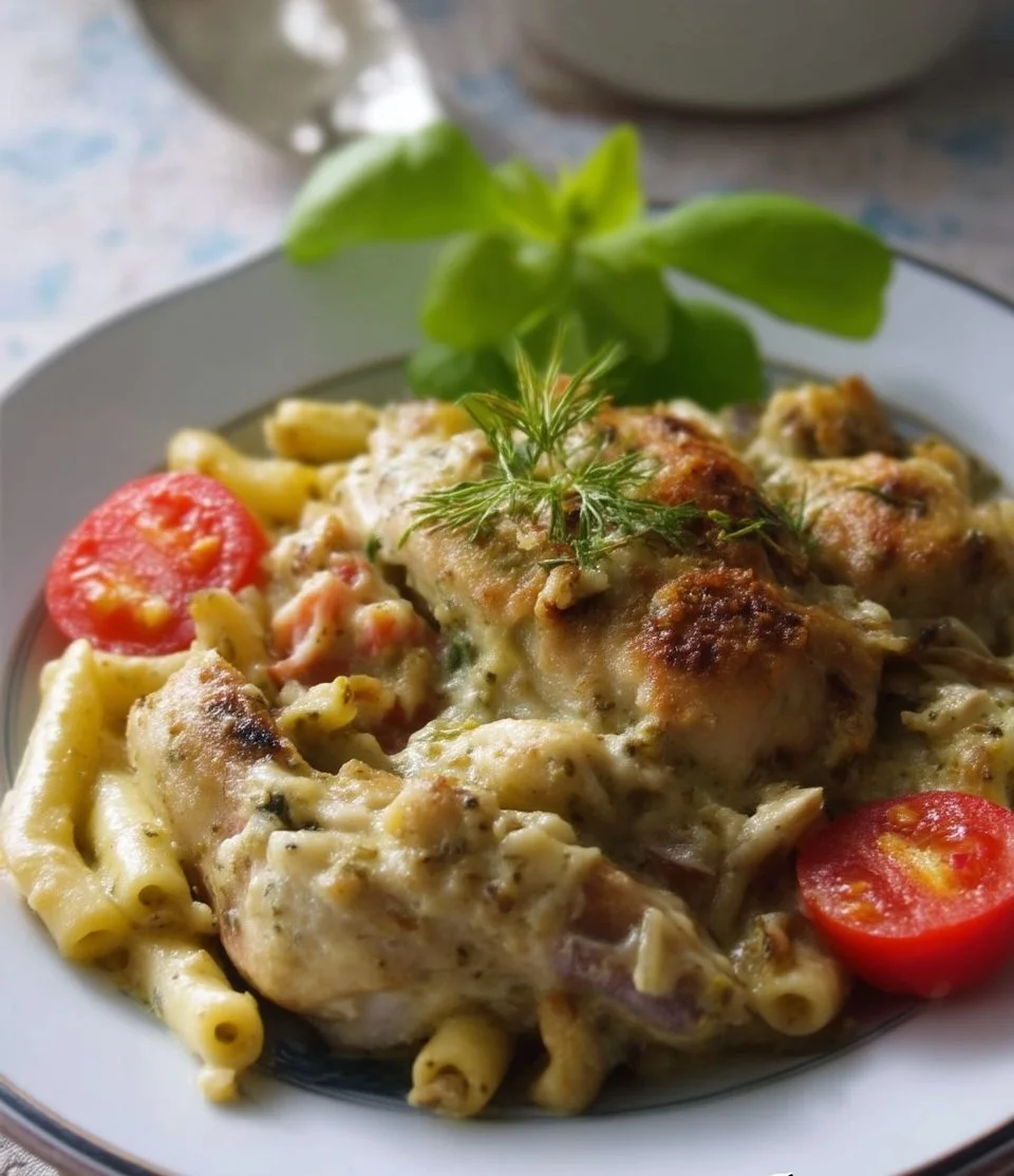 Poulet pesto crémeux cuit au four dans un plat appétissant
