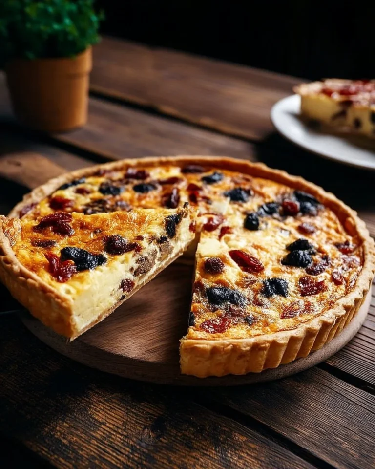 Quiche aux fruits secs et fromages, garnie de délices salés et sucrés.