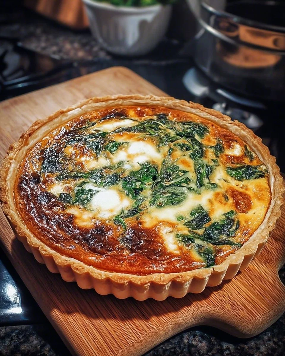 Quiche crémeuse aux épinards, citron et fromage gratiné, délicieuse et réconfortante.