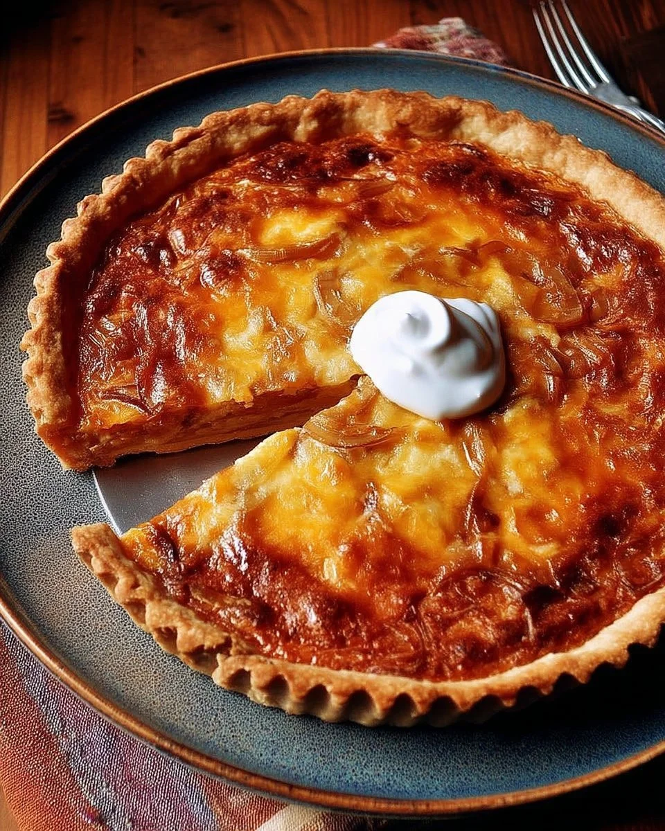 Quiche dorée au fromage avec oignons confits et pointe de miel