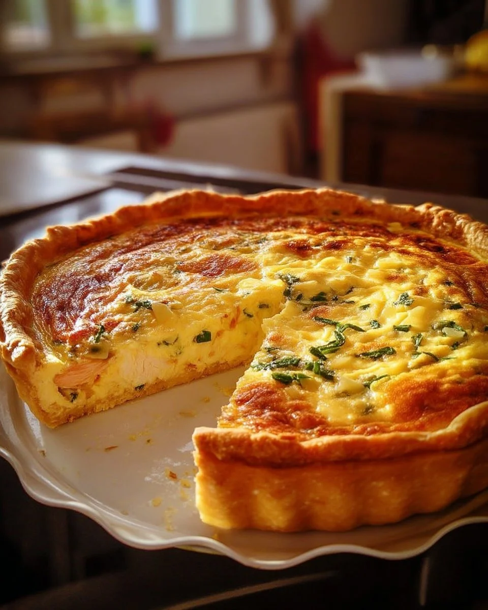 Quiche dorée au poulet, fromage fondant et herbes fraîches.
