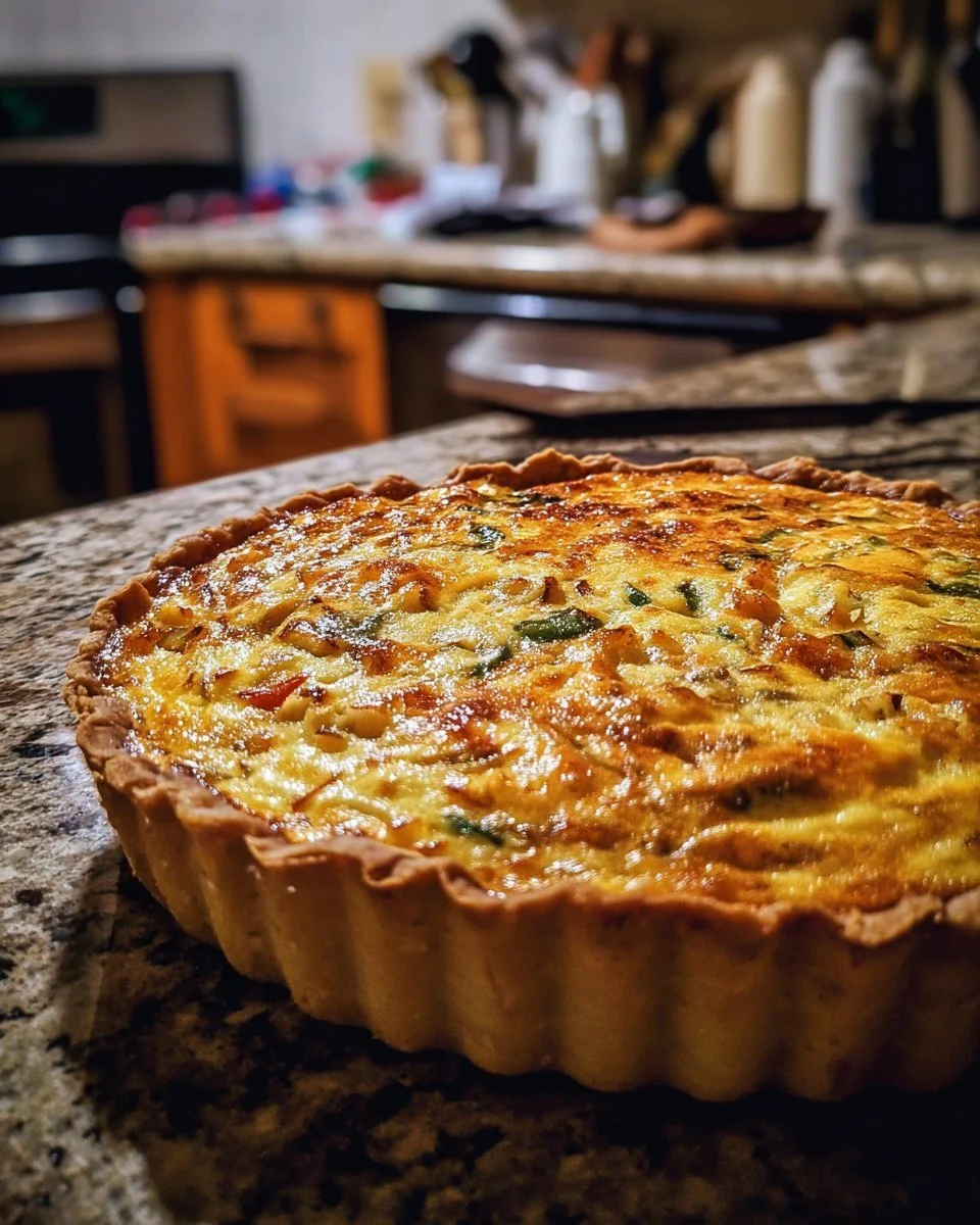 Quiche dorée au thon, oignons confits et moutarde à l'ancienne, recette savoureuse