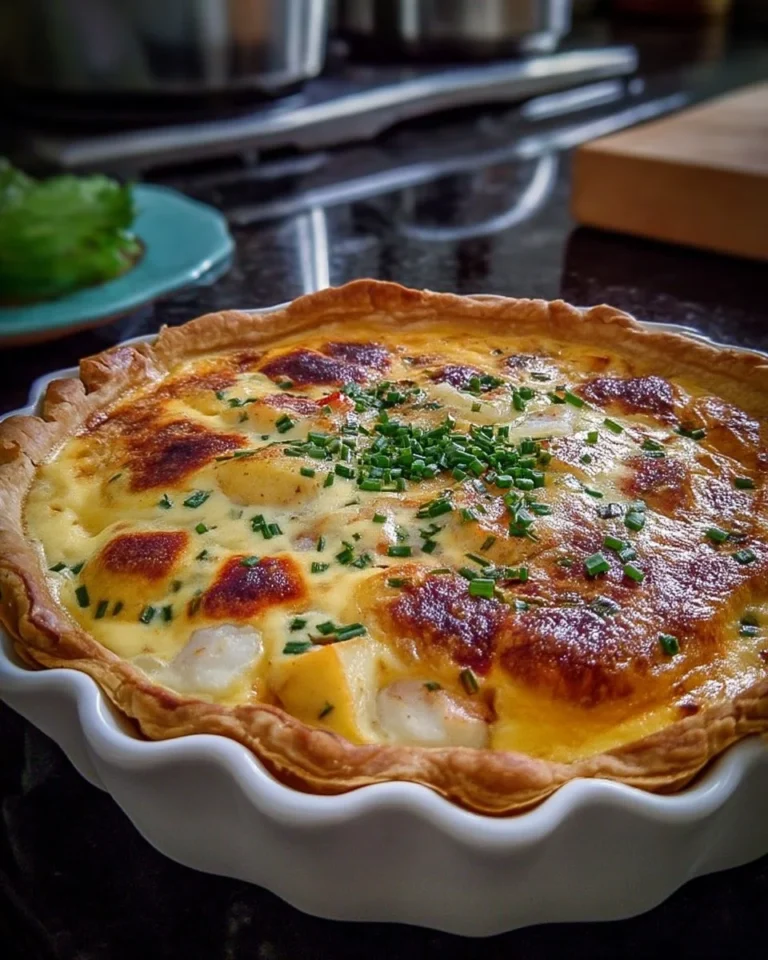 Quiche de la mer fondante à la ciboulette avec fruits de mer et herbes fraîches
