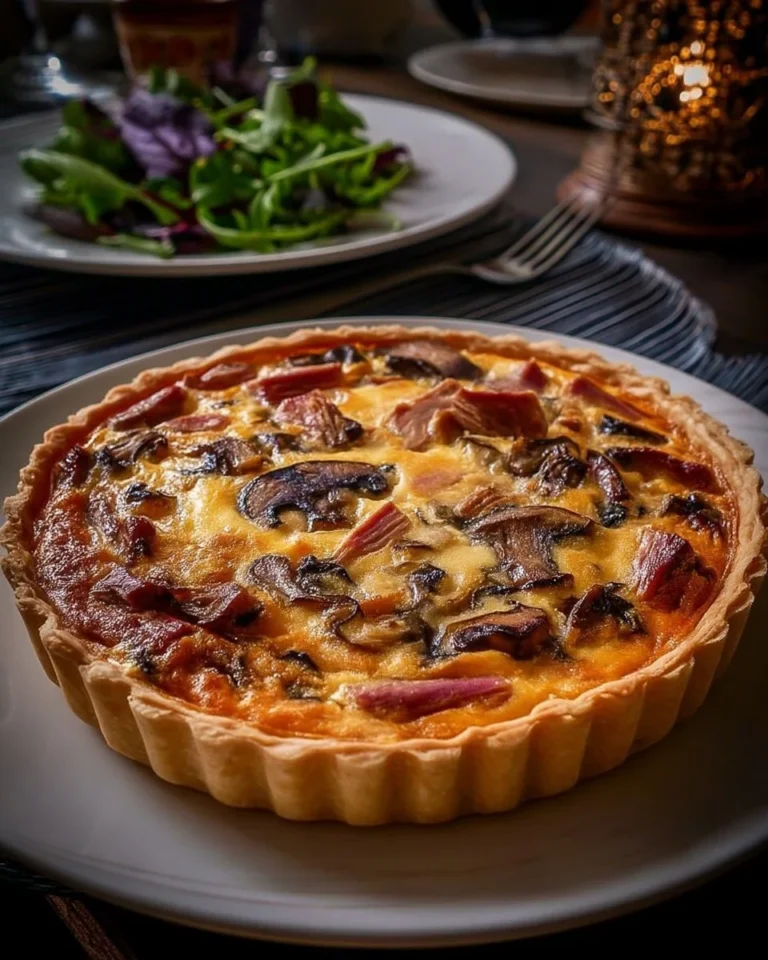 Quiche rustique au canard fumé avec champignons et miel
