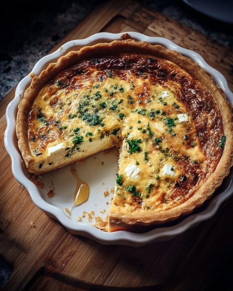 Quiche rustique au fromage de chèvre, herbes fraîches et miel sur une assiette
