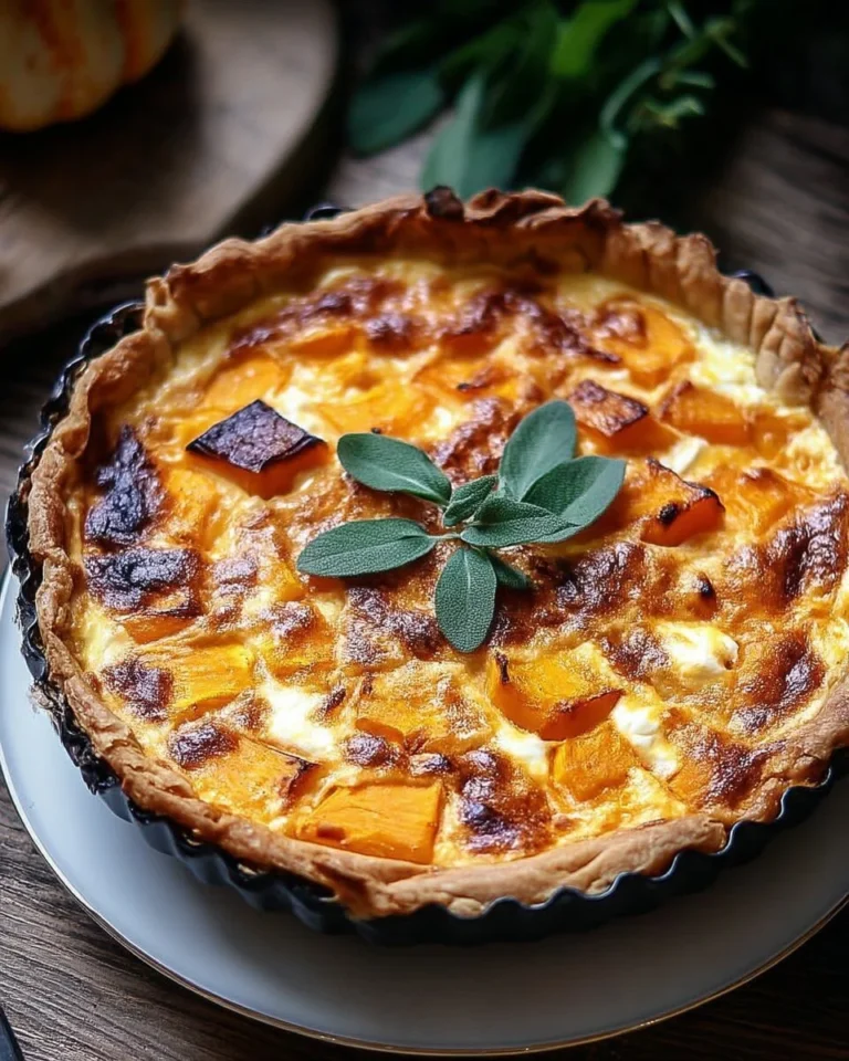 Quiche rustique au potimarron rôti et crème parfumée à la sauge sur une table en bois.