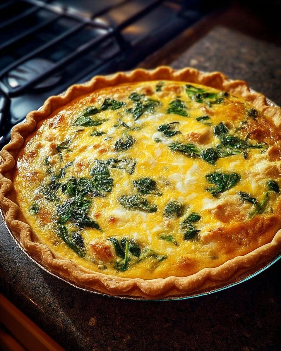 Quiche rustique au poulet avec épinards et fromage fondant sur une table