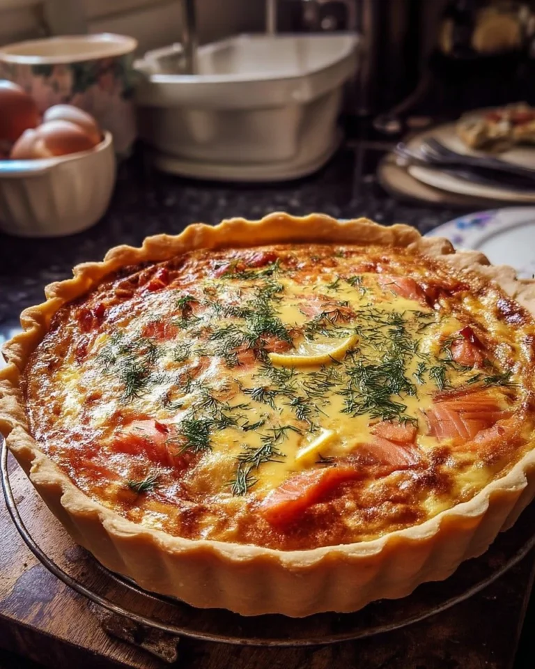 Quiche rustique au saumon fumé, citron et aneth sur une table en bois.