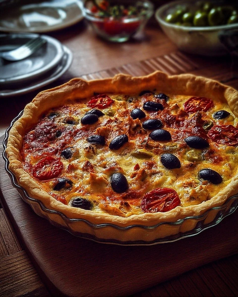 Quiche rustique au thon, olives et tomates confites présentée dans une assiette.