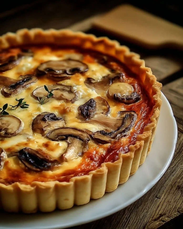 Quiche rustique aux champignons, miel et thym, prête à être dégustée.