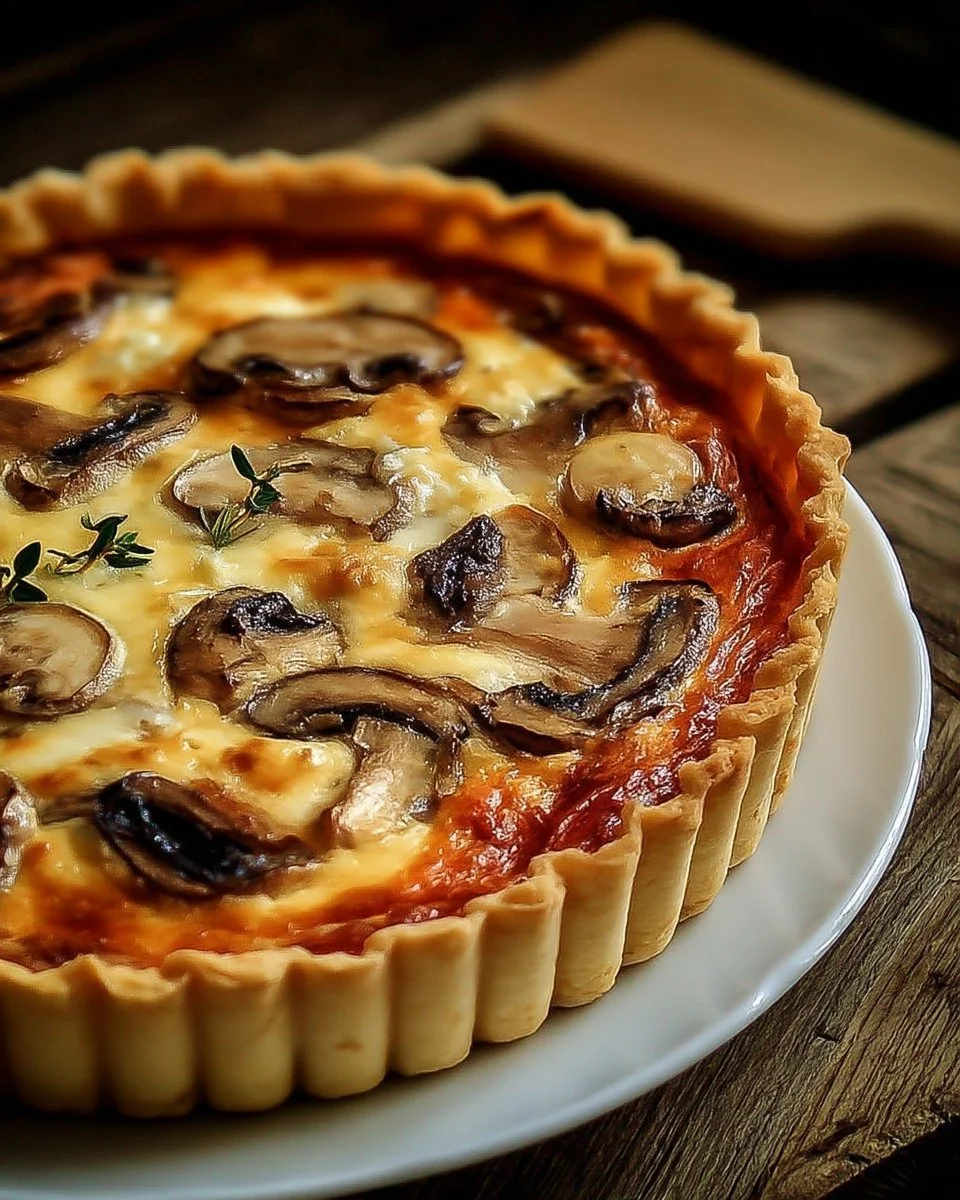 Quiche rustique aux champignons, miel et thym, prête à être dégustée.