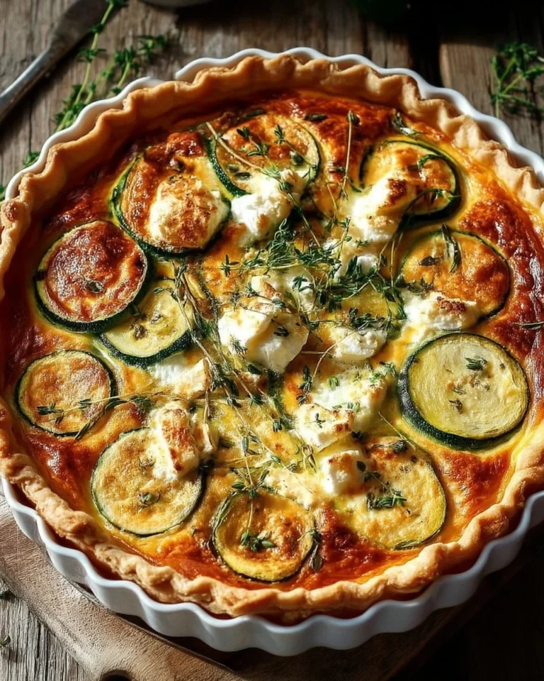 Quiche rustique aux courgettes, fromage de chèvre rôti et miel de thym en plat
