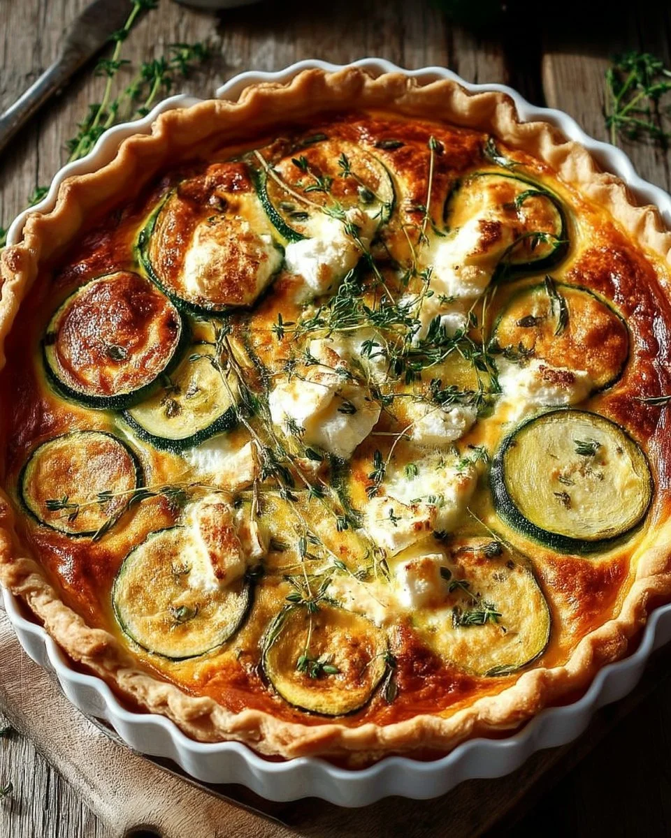 Quiche rustique aux courgettes, fromage de chèvre rôti et miel de thym en plat