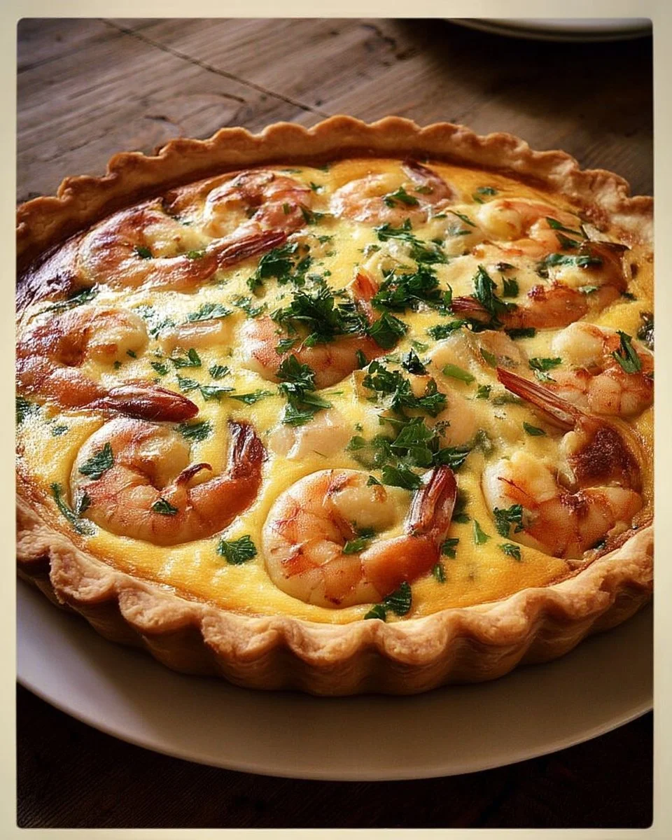 Quiche rustique aux crevettes, ail rôti et persil frais, servie dans une assiette